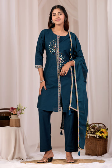 Navy Blue Mirror Work A-Line Cotton Kutra Pant Set With Dupatta For Women
