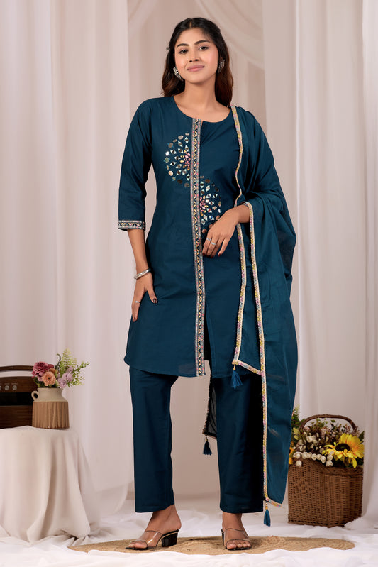 Navy Blue A-Line Cotton Kurta Set With Dupatta For Women