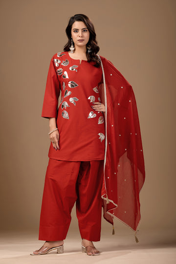 Noor Ruby Red Leaf Motif Kurta Set with Patiala Salwar & Dupatta
