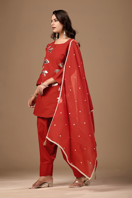 Ruby Red Embroidered Cotton Kurta Set for Women with Farshi Salwar and Dupatta