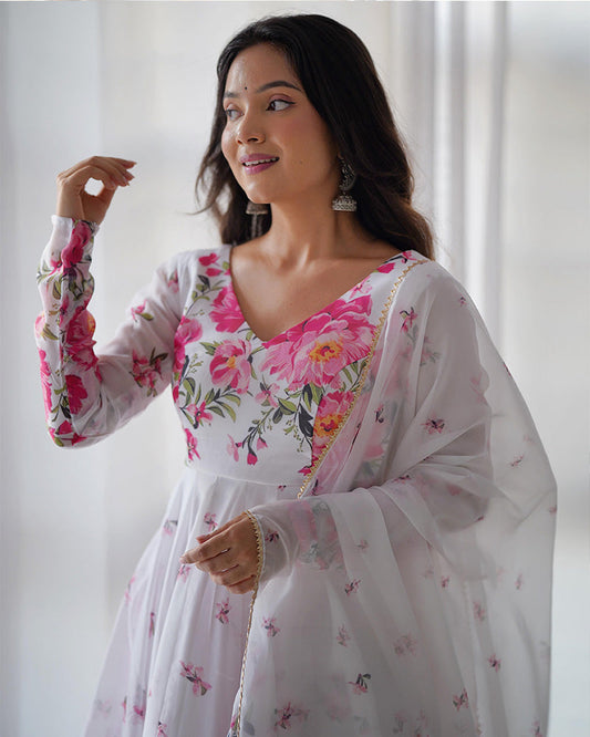 Organza Silk Floral Print Three Piece White Anarkali Suit Set