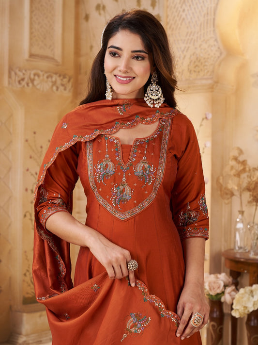 Orange Embroidery Work Neck Design Straight Kurta Suit Set With Dupatta