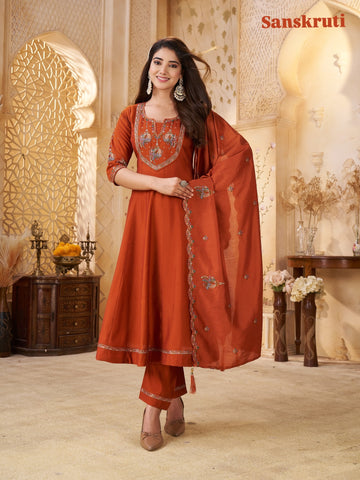 Orange Embroidery Work Neck Design Straight Kurta Suit Set With Dupatta
