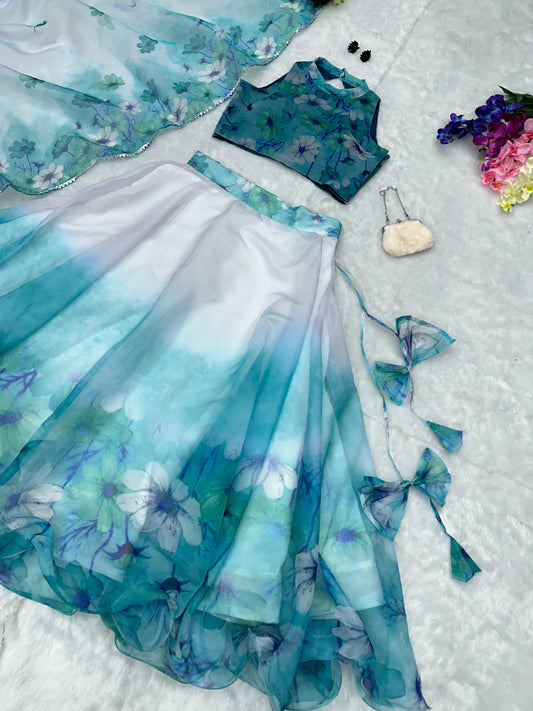 Organza Silk White And Sky Blue Color Lehenga Choli