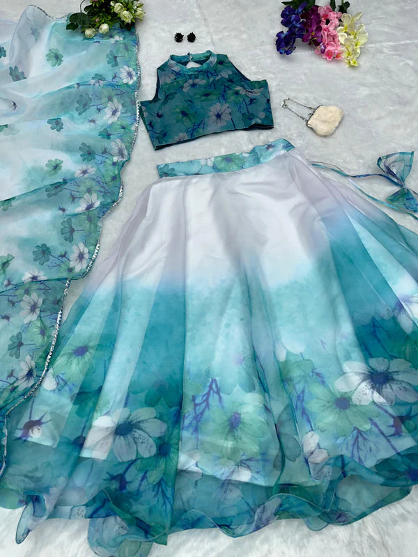 Organza Silk White And Sky Blue Color Lehenga Choli