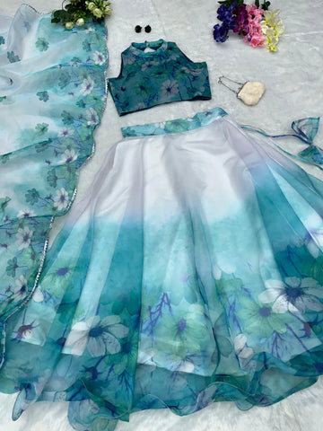 Organza Silk White And Sky Blue Color Lehenga Choli