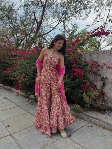 Wedding, Sangeet & Party Wear Indian Virasat Pink Printed Cotton Sharara set for woman with Organza Dupatta