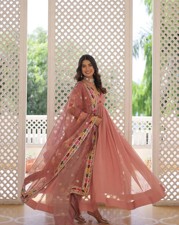 Peach Alia Cut Anarkali Gown for Women with Dupatta