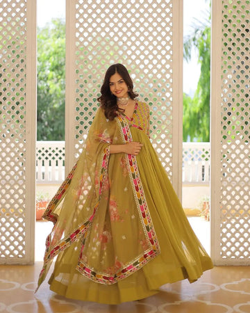 Pista Green Alia Cut Anarkali Gown for Women with Dupatta
