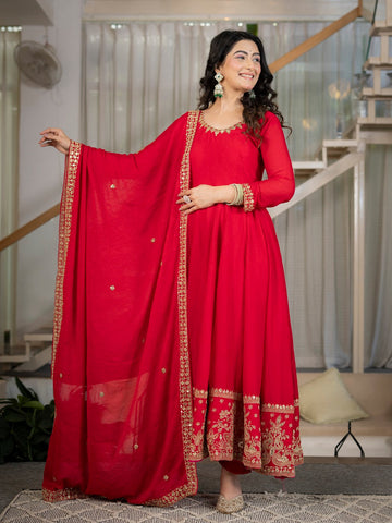 Royal Red Embroidered Anarkali Suit Set for Women with Dupatta
