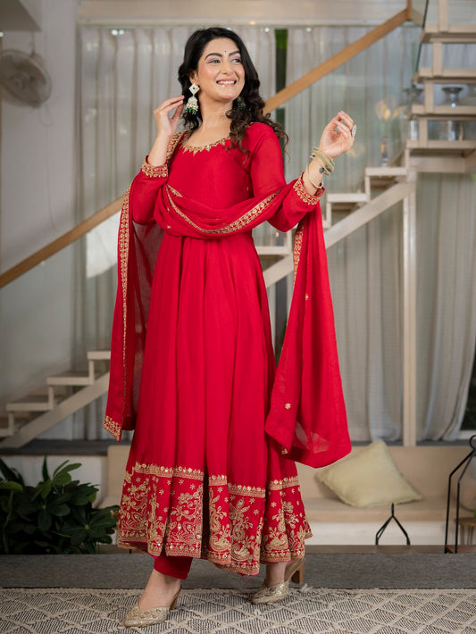 Royal Red Embroidered Anarkali Suit Set for Women with Dupatta