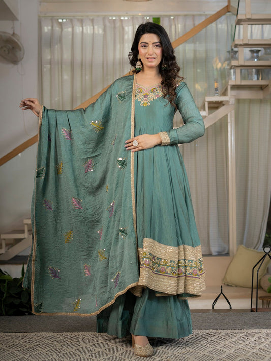 Teal Designer Anarkali Suit Set for Women with Border Embroidery