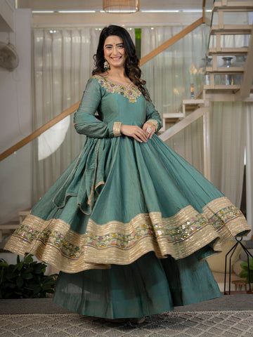 Teal Designer Anarkali Suit Set for Women with Border Embroidery