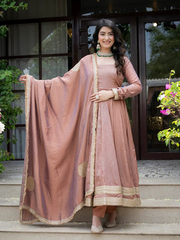 Mauve Anarkali Suit Set for Women - Vichitra Silk Kurta with Dupatta