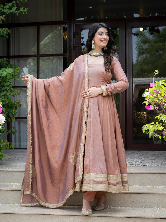 Mauve Anarkali Suit Set for Women - Vichitra Silk Kurta with Dupatta