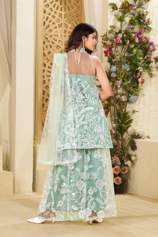 Party Wear Mint Green Salwar Suit With Plazzo In Embroidery Butterfly Net With Hulter Neck