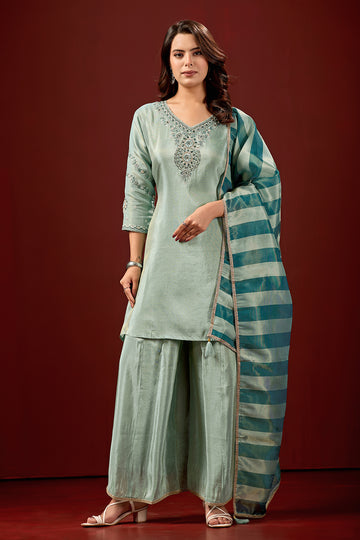 Party Wear Sky Blue Embroidered Short Kurti and Palazo with Dupatta