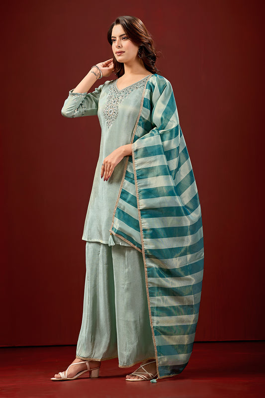 Sky Blue Embroidered Silk Blend Short Kurti Farshi Salwar Set for Women with Dupatta