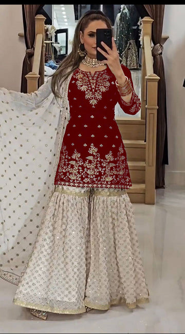Party Wear Red Color Heavy Embroidery Sequence Work Sharara Suit Set
