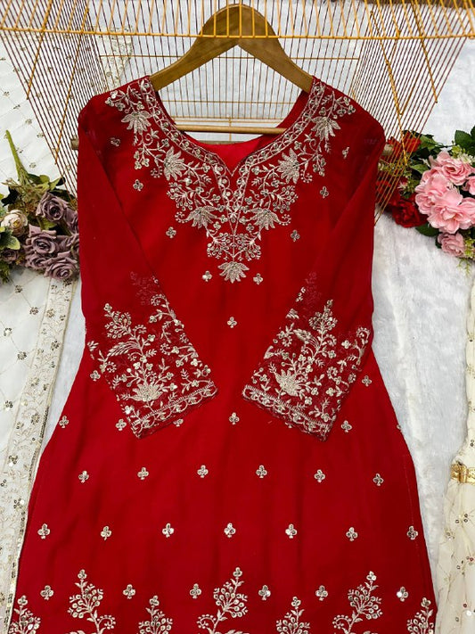 Party Wear Red Color Heavy Embroidery Sequence Work Sharara Suit Set