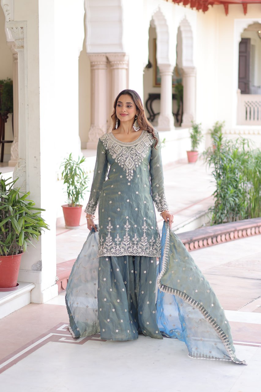 Party & Festive Wear Smoke Gray Fendi Silk Coding Sequins Embroidered Sharara Suit With Dupatta