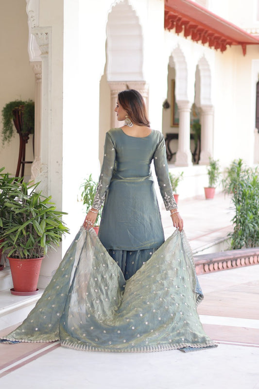 Party & Festive Wear Smoke Gray Fendi Silk Coding Sequins Embroidered Sharara Suit With Dupatta