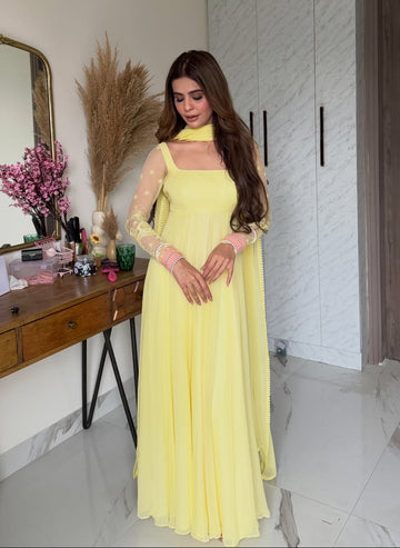 Pastel Yellow Anarkali Suit Set for Women - Georgette Kurta with Net Sleeves & Dupatta