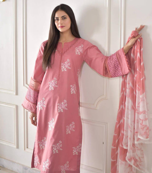 Peach Color Roman Silk Embroidered Straight Suit Set with Dupatta