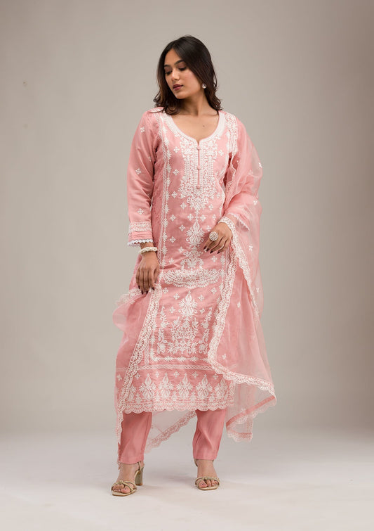 Peach Threadwork Readymade Salwar Suit Set With Dupatta