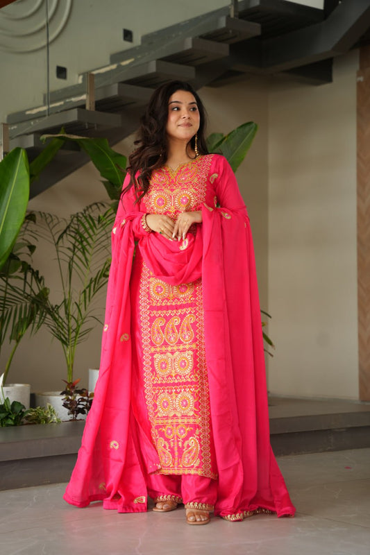 Peehira Rani Pink Yoke Design Notch Round Neck Embroidered Straight Kurta With Trousers & Dupatta