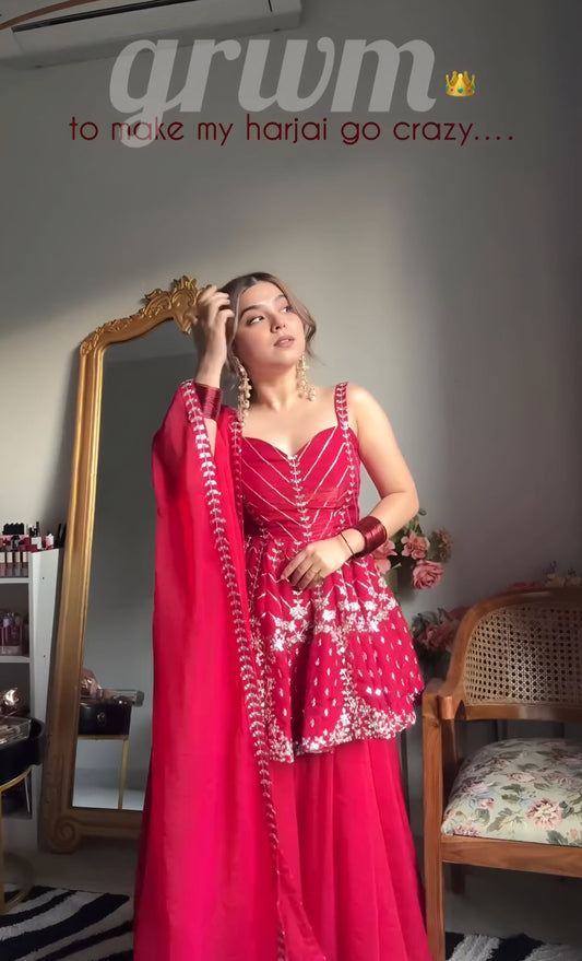 Pink Faux Blooming Sharara Set with Heavy Sequin & Zari Embroidered Kurti and Dupatta