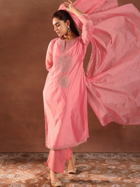 Pink Embroidery Work Straight Kurta Suit Set With Dupatta