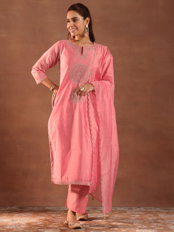 Pink Embroidery Work Straight Kurta Suit Set With Dupatta