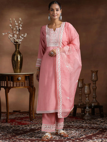 Pink Yoke Embroidery Work Neck Design Salwar Suit Set With Dupatta