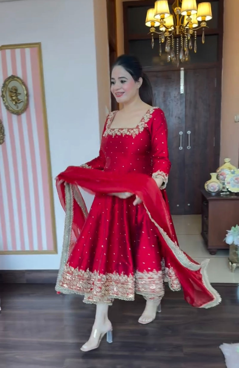 Prachi's Red Havy Vichitra Silk Designer Suit Set