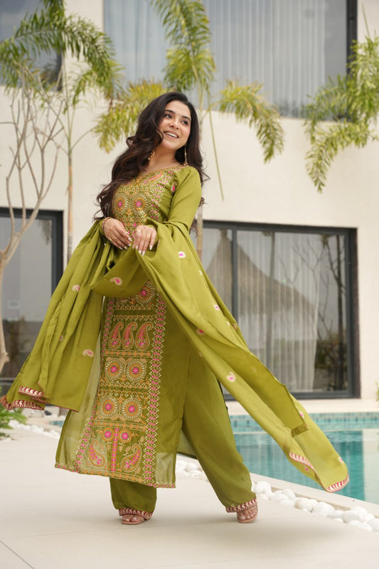 Pranvi Green Yoke Design Notch Round Neck Embroidered Straight Kurta With Trousers & Dupatta