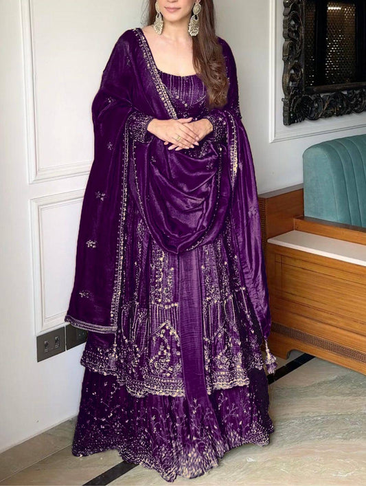 Premium Anarkali Gown in Purple with Embroidery Work Lahenga And Dupatta