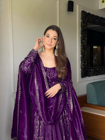 Premium Anarkali Gown in Purple with Embroidery Work Lahenga And Dupatta