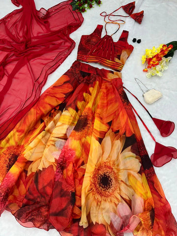 Pretty Multi Color Flower Print Lehenga Choli