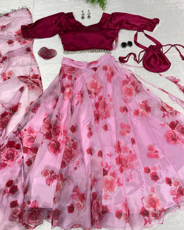 Printed Jimmy Organza Silk Light Pink Color Lehenga Choli