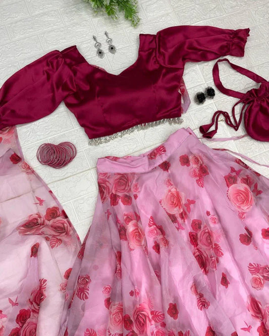 Printed Jimmy Organza Silk Light Pink Color Lehenga Choli