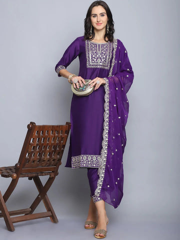 Purple Emboridery Work Kurta Suit Set With Dupatta