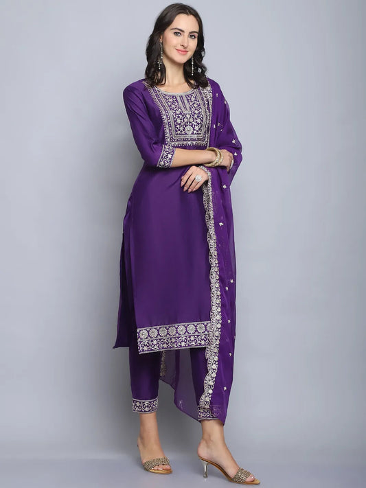 Purple Emboridery Work Kurta Suit Set With Dupatta