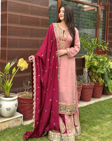 Radiate Grace Dusty Pink Sharara And Maroon Chinnon Silk Glam Dupatta Set
