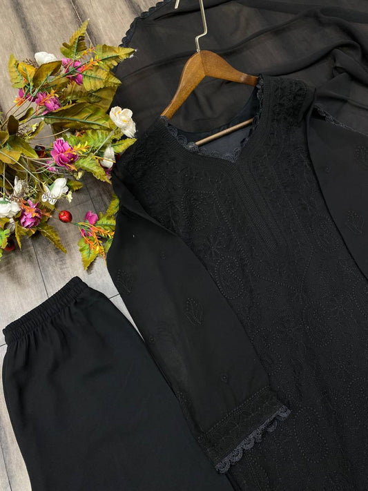 Ramani Black Georgette Chikankari Embroidery Kurti Set