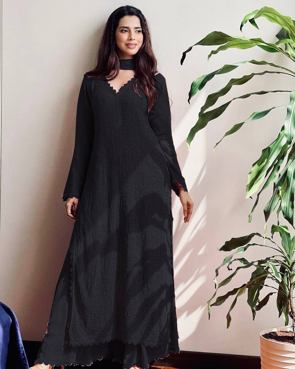Ramani Black Georgette Chikankari Embroidery Kurti Set