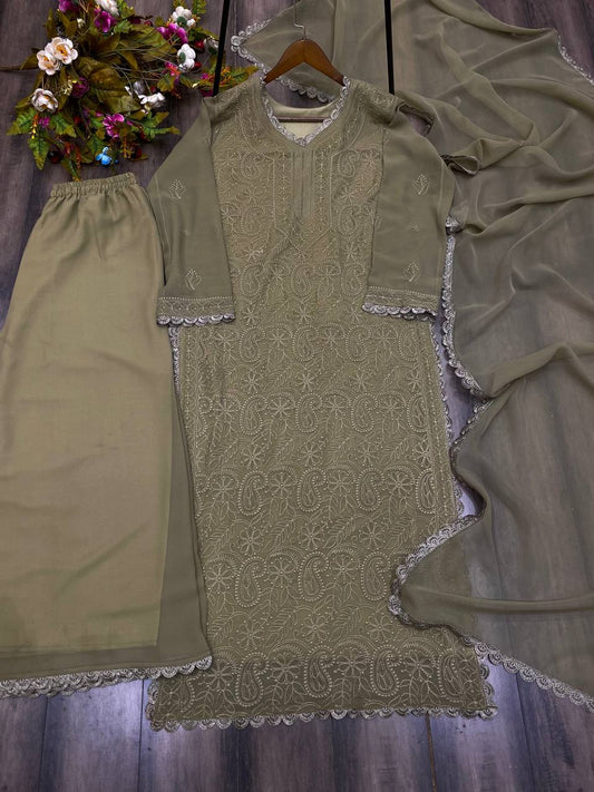 Ramani Dusty Mahendi Georgette Chikankari Embroidery Kurti Set