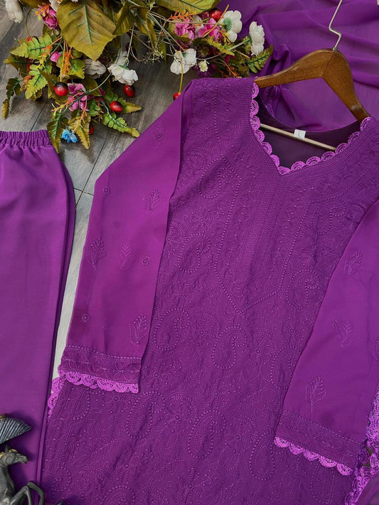 Ramani Purple Georgette Chikankari Embroidery Kurti Set