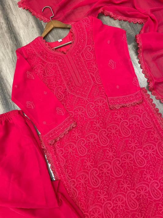 Ramani Red Georgette Chikankari Embroidery Kurti Set