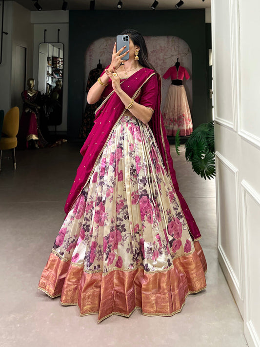 Rani Pink Color Floral Print With Zari Weaving Work Dola Silk Lehenga Choli